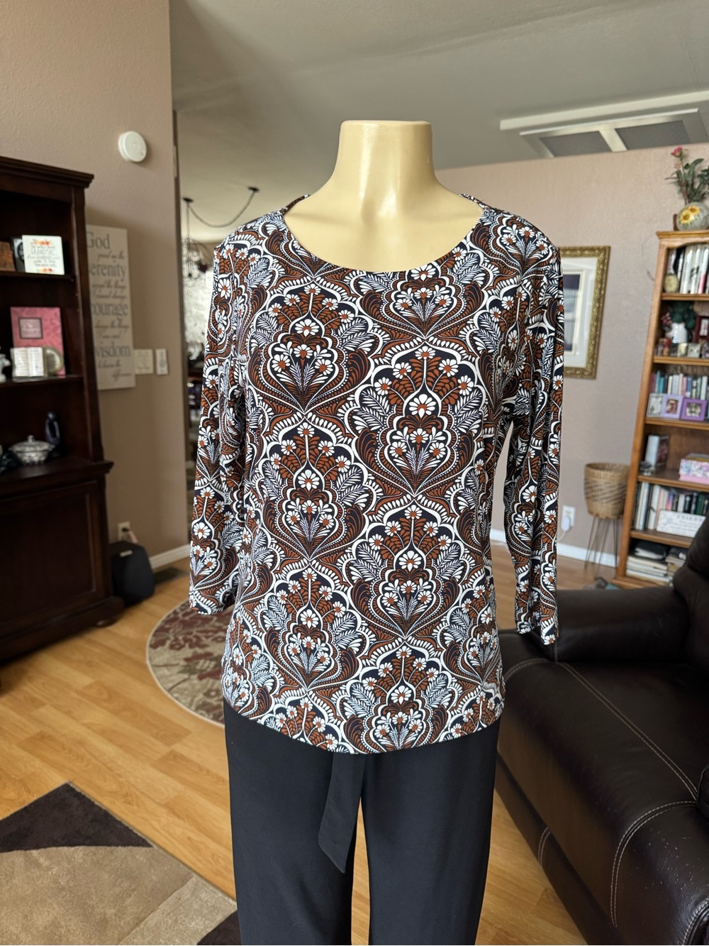 The Limited brown, black & white floral print 3/4 sleeves knit blouse-L - Picture 5 of 10